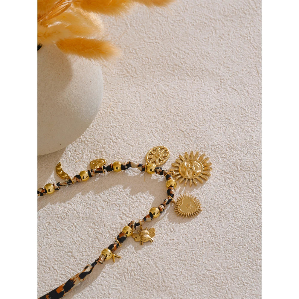Yhpup Popular Stainless Steel Leopard Polyester Sun Flower Heart Insect Drop Collar Necklace 18K PVD Plated Fashion Jewelry Gift Pi-Mart