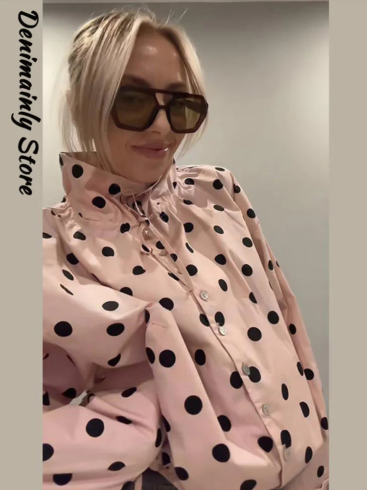 Casual Polka Dot Drawstring Jacket Women Lace Up Stand Collar Full Sleeve Single Breast Jacket 2026 Spring Lady Commute Coat New LadyShow.Store