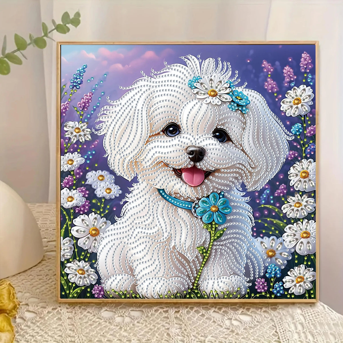 A set of "White Puppy Wearing Flowers" 5D Diamond Painting Kit, DIY handmade craft, partially adorned with irregular diamonds Pi-Mart