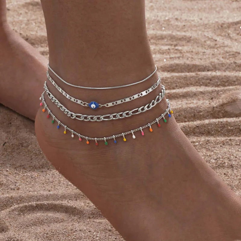 Silver Color Anklet Bracelets for Women Waterproof, Stainless Steel Layered Cuban Chain Herringbone Anklets Summer Beach Gift Pi-Mart