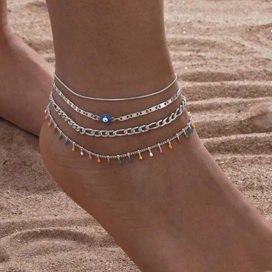 Silver Color Anklet Bracelets for Women Waterproof, Stainless Steel Layered Cuban Chain Herringbone Anklets Summer Beach Gift Pi-Mart