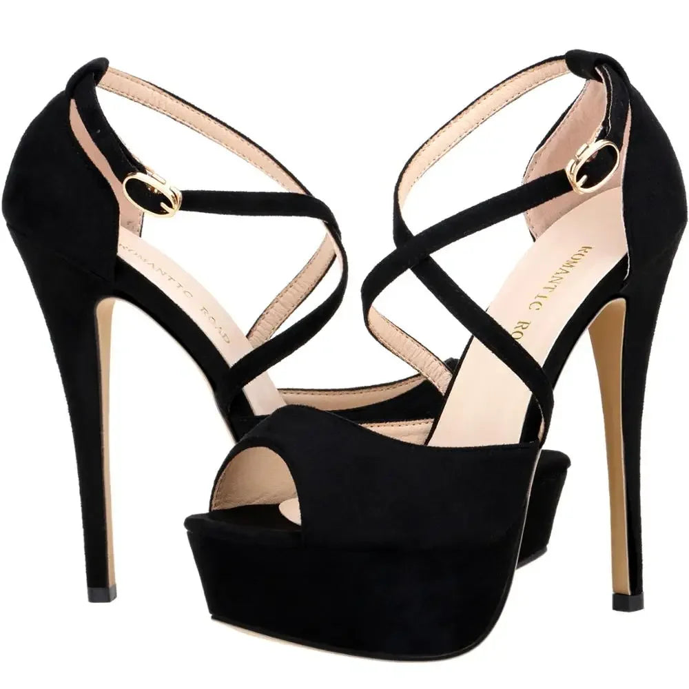 2026 Women Sandals 14CM Platform High Heels Sexy Ankle Strap Sandal Open Toe Stilettos Party Dress Wedding Shoes Plus Size 44 Pi-Mart
