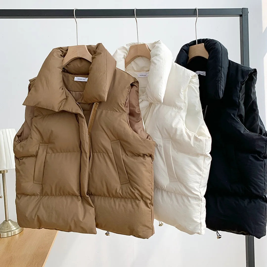 Women Fashion Autumn New 2024 Stand Collar Elegant Down Coats Warm Outerwear Casual Belt Sleeveless Winter Women Vests Jackets LadyShow.Store