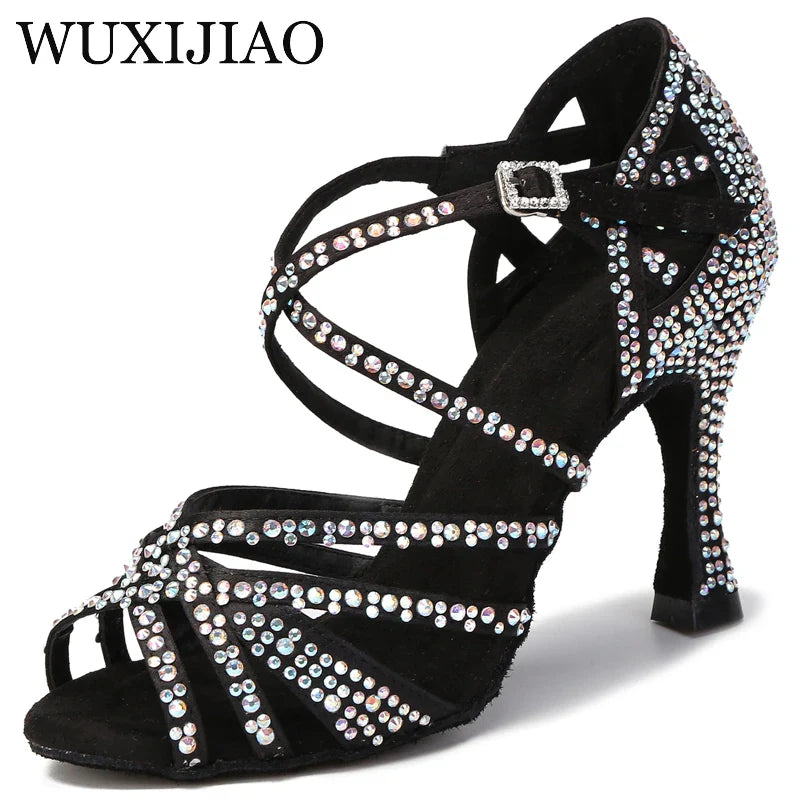 WUXIJIAO Women Party Dance Shoes Satin Shining rhinestones Soft Bottom Latin Dance Shoes Woman Salsa Dance Shoes heel LadyShow.Store