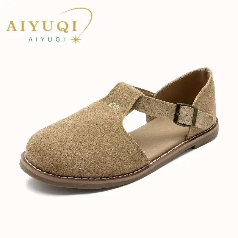 AIYUQI Flat-Soled Retro Frosted Genuine Leather Women's Sandals 2026 New Hollow Women's Shoes Roman Baotou Sandals for Women LadyShow.Store
