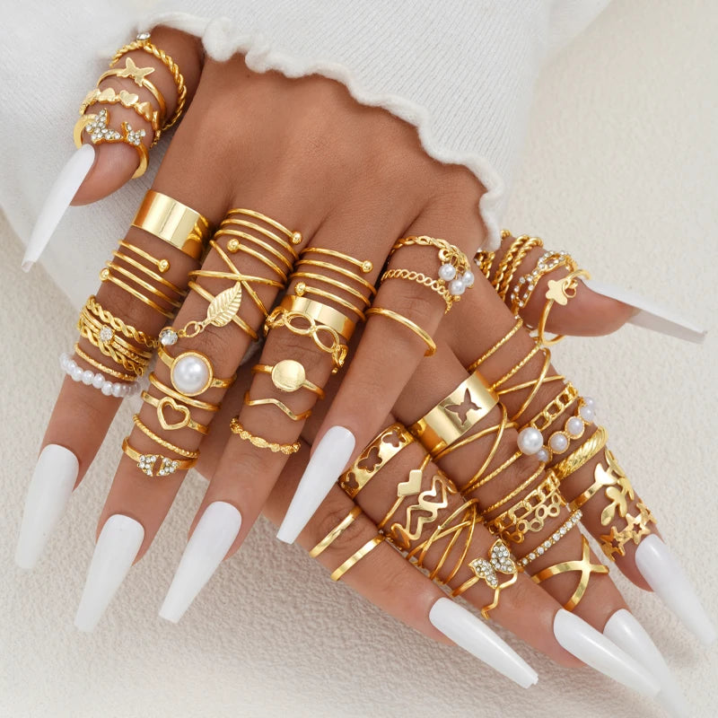 58PCS Vintage Heart Snake Butterfly Rings Set for Women Fashion Metal Gold Plated Geometric Hollow Finger Ring Jewelry Gifts New Pi-Mart