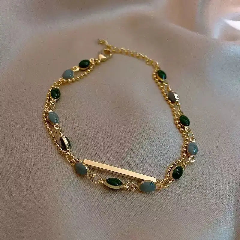 Luxury Love Gold Hotan Jade Lady Bracelet, Leaf Love Double Layer Girl Bracelet Jewelry Gifts Pi-Mart