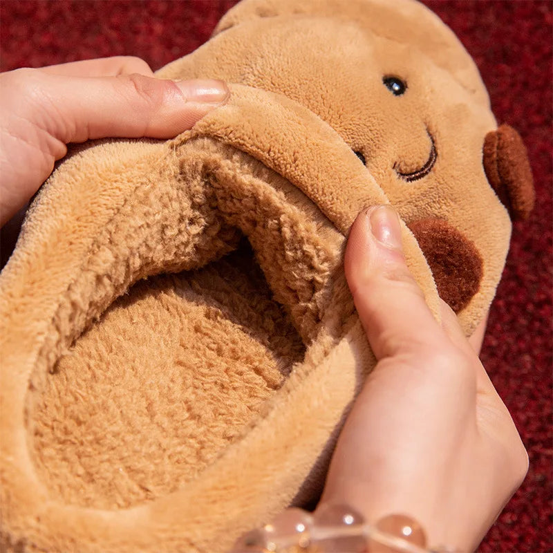 Cute Cartoon Fluffy Slippers For Women Men Winter House Shoes Furry Croissant Bread Style Anti-slip Couples Home Cotton Slides LadyShow.Store