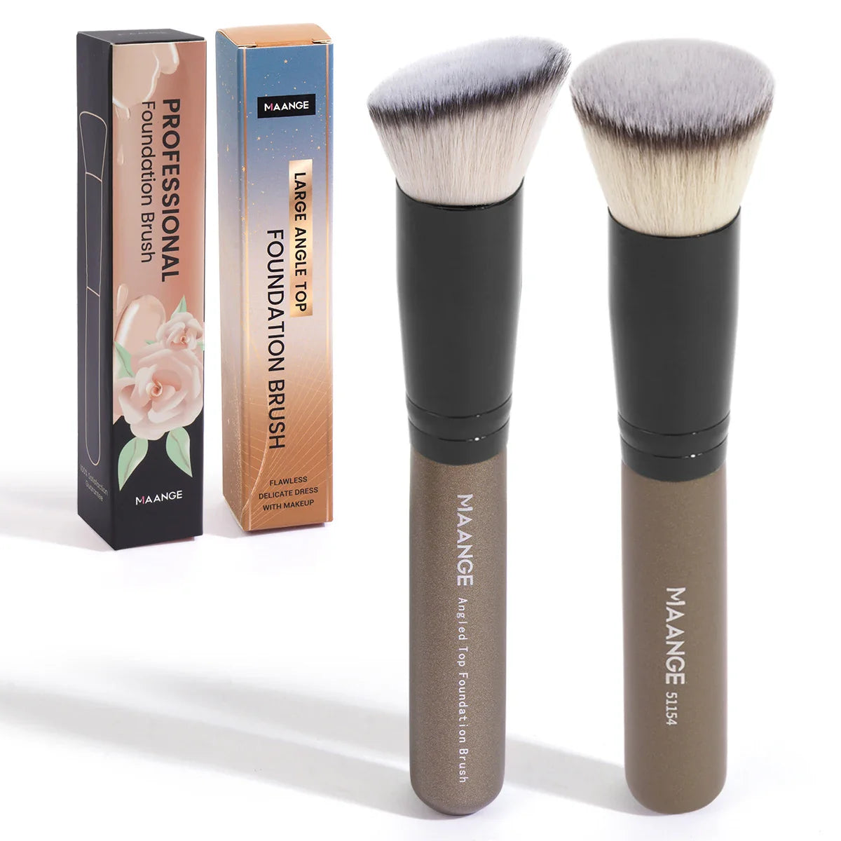 MAANGE 2PCS Foundation Makeup Brush Set Flat Angled Kabuki Powder Blush Brush For Liquid Soft Bristles Cosmetic Makeup Tools Tri Light Beauty