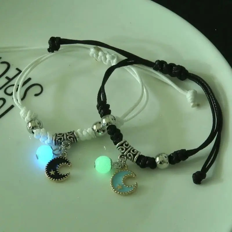 2PC Fashion Luminous Beads Star Couple Bracelet for Women Men Charm Cat Flower Heart Moon Love Matching Friend Bracelet Jewelry Pi-Mart