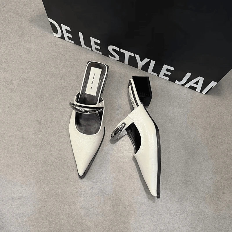 Summer Women Cover Toe Mules Slippers Fashion Metal Decoration Thick Heel Slide Shoes Comfort Street Style Footwear LadyShow.Store