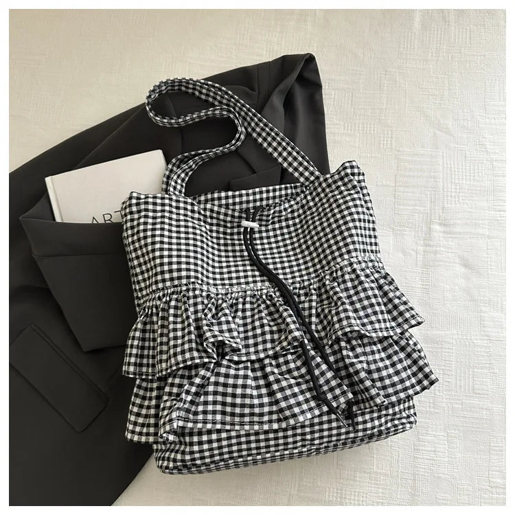 Large Capaci Cute Plaid Cotton Tote Bag  Lace Trim Women's Summer 2025 Simple Lady Handbag Soft Shoulder Bags Bolsa Feminina Pi-Mart