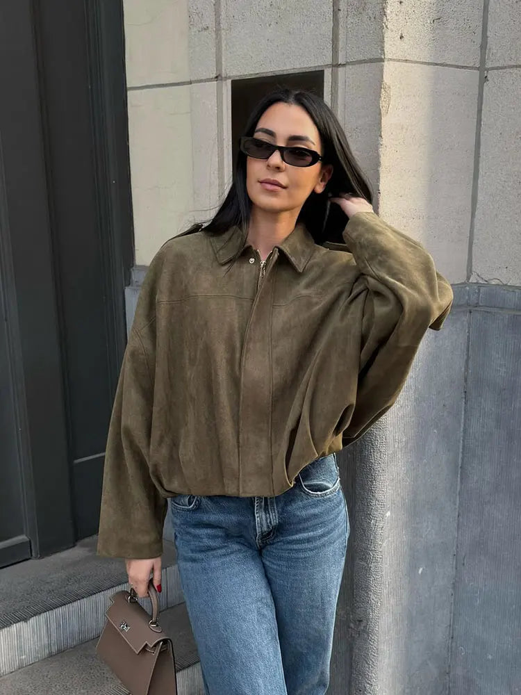 HH Women's Street Fashion Solid Loose Suede Texture Coats Causal Long Bat Sleeves Lapel Zipper Fly Winter Vintage Jackets LadyShow.Store