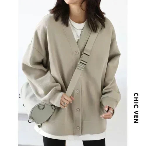 CHIC VEN Korean Autumn Winter Women's Sports Coat Casual Loose V-neck Sweatshirt for Women Thick Warm Tops Office Lady Female LadyShow.Store