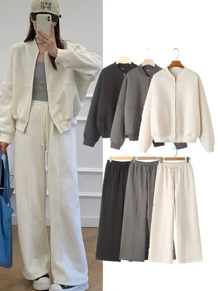 HH Women's Fall 2-Piece Retro Solid Color Zip Bomber Jacket Sweatshirt+High Waist Lace Up Women's Wide Leg Pants Street Wear LadyShow.Store