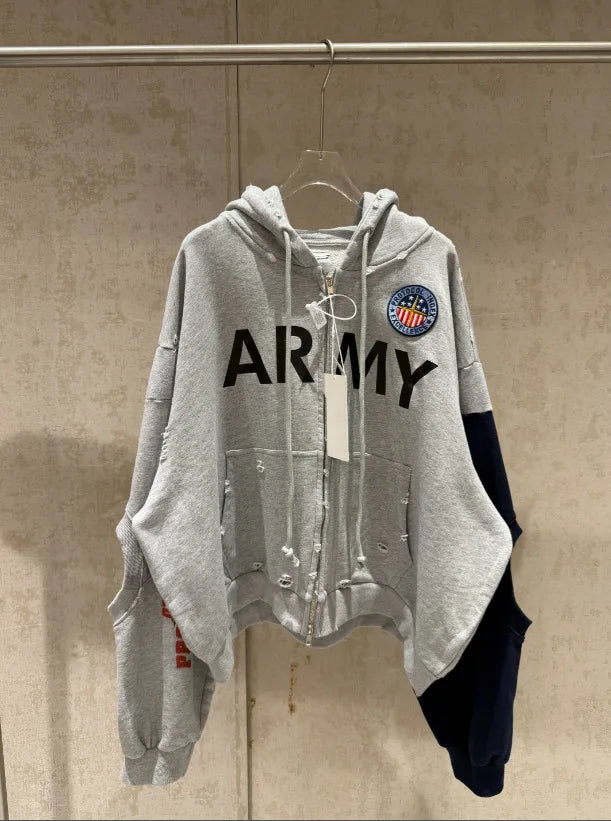 PROJECT G/R 2026 Patchwork ARMY Vintage Damaged Cardigan Pullover Men Women Best Quality Hoodie LadyShow.Store