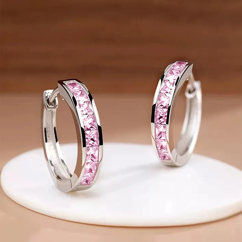 Huitan Hoop Earrings with Princess Cubic Zirconia Exquisite Ear Circle Earrings for Women Silver Color Fashion Versatile Jewelry Pi-Mart