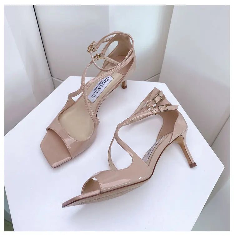 Luxury Sequined Women Gladiator Sandals Summer Designer Shoes for Women 2026 Square Head Hollow High Heels Fashion Ladies Shoes Pi-Mart