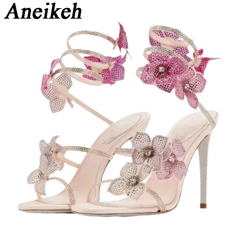 Aneikeh Sexy CRYSTAL Flower Narrow Band Ankle Strap Sandals Woman Thin High Heels Street Style  Pole Dancing Ladies Shoes LadyShow.Store