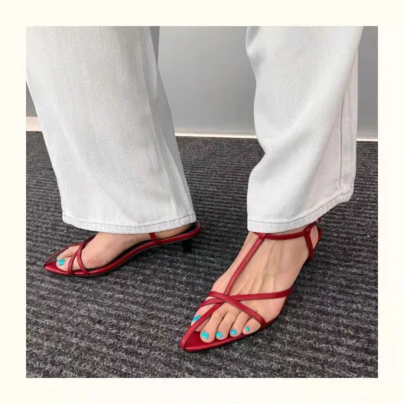 Women Sandal Summer New Fashion Narrow Band Ladies Gladiator Shoes Thin Low Heel Ankle Strap Dress Party Shoes Pi-Mart