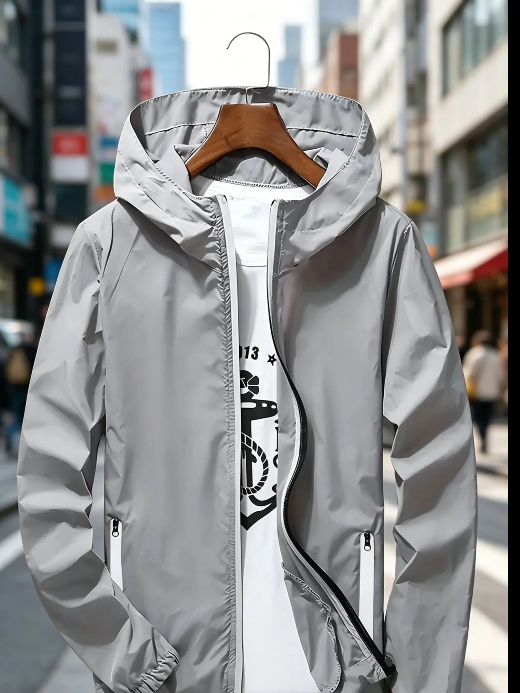 Men's Premium Lightweight Hooded Windbreaker, Quick-Dry Full-Zip Casual Jacket with Zipper Pockets for Street & Outdoor Wear LadyShow.Store
