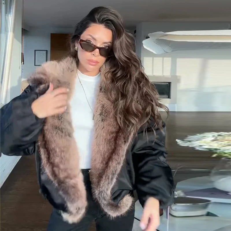 Fashion Faux Fur Patchwork Cotton Coat Women Lapel Zipper Pocket Cropped Street Warm Jacket 2026 Winter Lady Puffer Jackets New Pi-Mart
