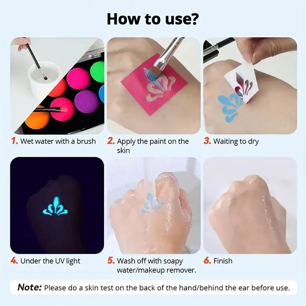 8 Colors Body Painting Palette for Tattoo Art UV Glow in The Dark Makeup Carnival Artist Cosplay Art Party Festival Cosmetics Pi-Mart