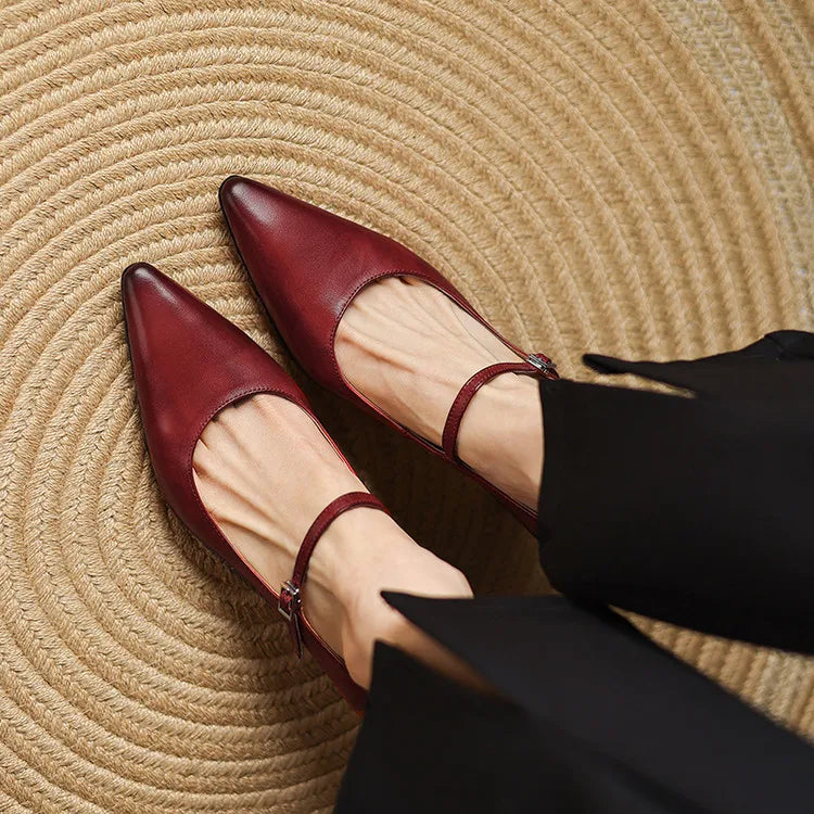 NEW Spring/Autumn Women Pumps Genuine Leather Shoes for Women Pointed Toe Thin Heel Shoes Shallow Buckle Strap Mary Janes Shoes Pi-Mart