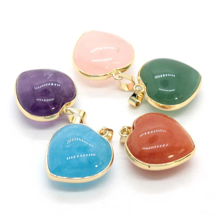 Charms Natural Healing Crystal Heart Stone Pendants For Women Necklace DIY Amethyst Rose Quartz Fluorite Aquamarine Men Jewelry Pi-Mart