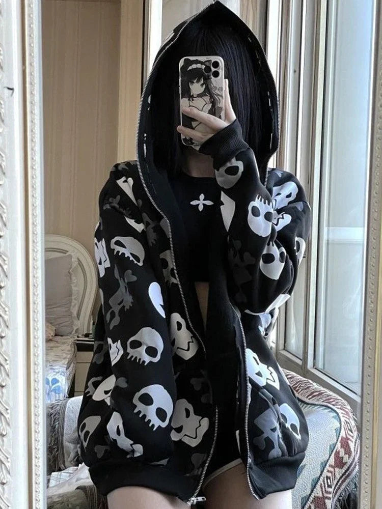 AltGoth Cyberpunk Y2k Sweatshirt Women Mall Goth Harajuku Skull Printed Long Sleeve Zipper Cardigan Hoodie Emo Alt Indie Clothes LadyShow.Store