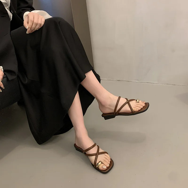 Women Summer Slippers Ladies Sandals Metal Decor Thong Flip Flop Low Heel Shoes Woman Outdoor Retro Brown Sandals Female LadyShow.Store