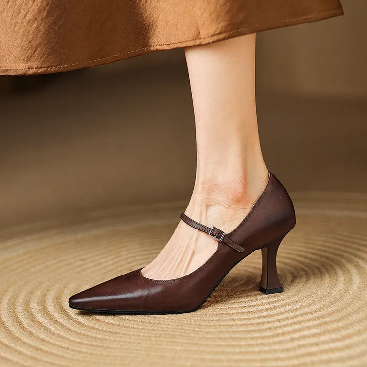 NEW Spring/Autumn Women Pumps Genuine Leather Shoes for Women Pointed Toe Thin Heel Shoes Shallow Buckle Strap Mary Janes Shoes Pi-Mart