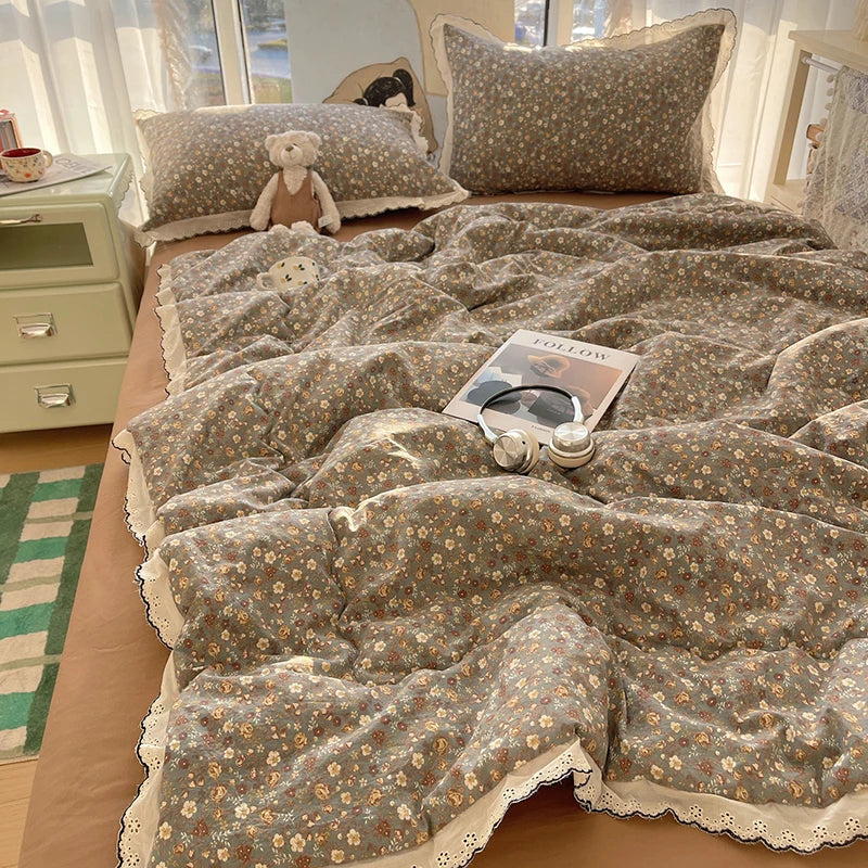Summer Quilt Korean Style Duvet with Lace Single/Queen Size Comforter Flower Printed Quilted Blanket 여름이불 (No Pillowcase) Pi-Mart