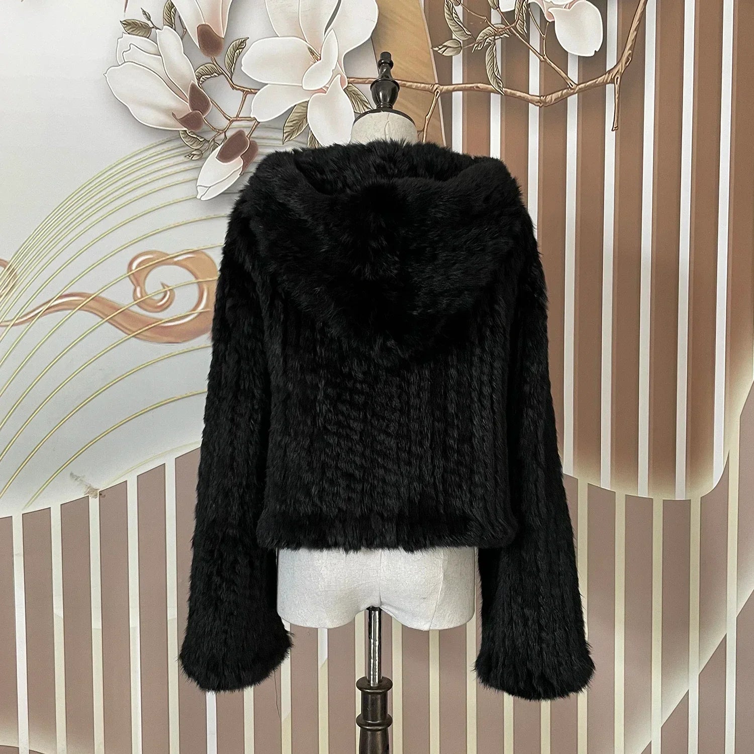 Real Rabbit Fur Hooded Coat Long Sleeve Women Casual Loose Knitted Genuine Fur Jacket With Hood Female Natural Fur Outwear LadyShow.Store