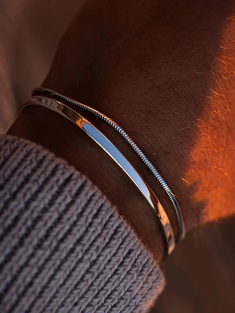 Stainless Steel Silver Color Men Snake Bone Chain Bracelet Simple Non-Fading Open Bracelet For Women Fashion Hip Hop Jewelry Pi-Mart