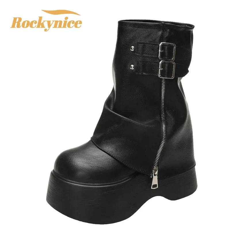 Soft Leather Ankle Mid Calf Boots Winter Autumn High Platform Wedge British Booties Woman New Ladies Chunky Motorcycle Boots 9CM LadyShow.Store