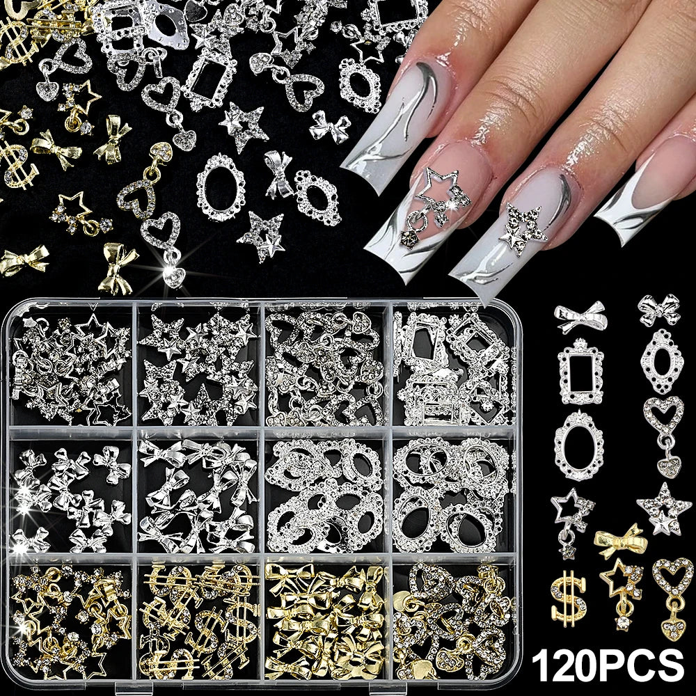 120Pcs/Box 3D Silver Exquisite Bowknot Nail Charms Simple Alloy Ribbon Bowtie Nail Art Decorations DIY Luxury Manicure Accessory Pi-Mart