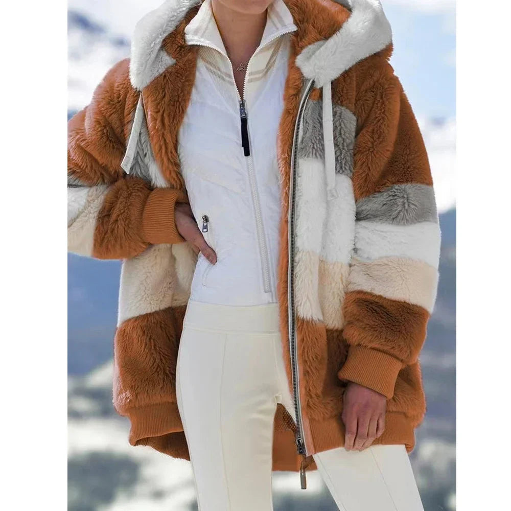 Oversized Jacket for Women Coat 2025 Autumn Winter Warm Plush Pocket Hooded Streetwear Loose Lady Zipper Cashmere Outerwear Coat LadyShow.Store