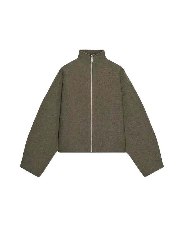 Vintage Stand Collar Women's Cropped Jacket Zipper Loose Full Sleeve Thick Warm Coat 2025 Autumn Winter Lady New in Outwear LadyShow.Store