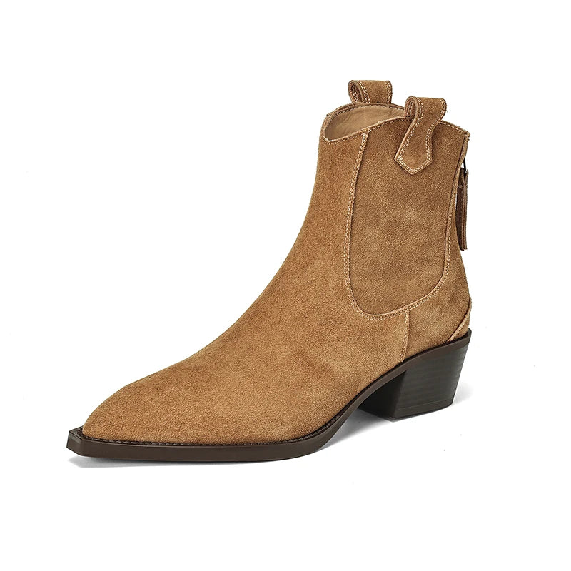 New 2025 Trend Autumn Winter Cow Suede Women Western Boots Black Brown Khaki Purple Green Burgundy Pointed Toe Lady Ankle Boots Pi-Mart
