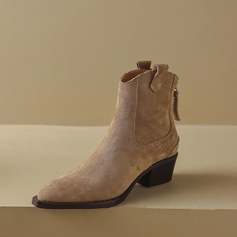 New 2025 Trend Autumn Winter Cow Suede Women Western Boots Black Brown Khaki Purple Green Burgundy Pointed Toe Lady Ankle Boots Pi-Mart