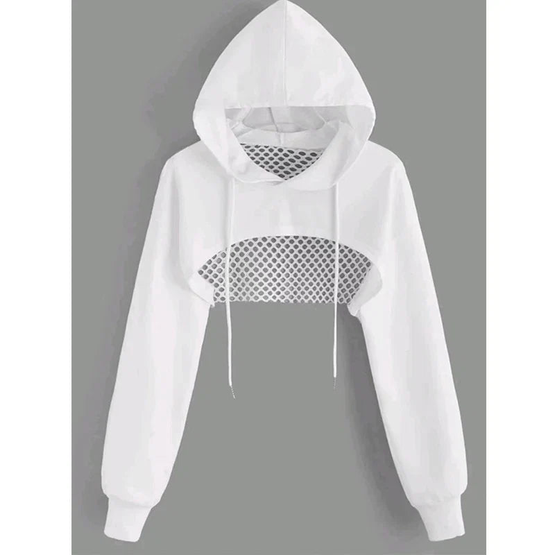 Street Sport Drop Shoulder Drawstring Hollow Out Super Crop Sports Hoodie Without Cami Top LadyShow.Store