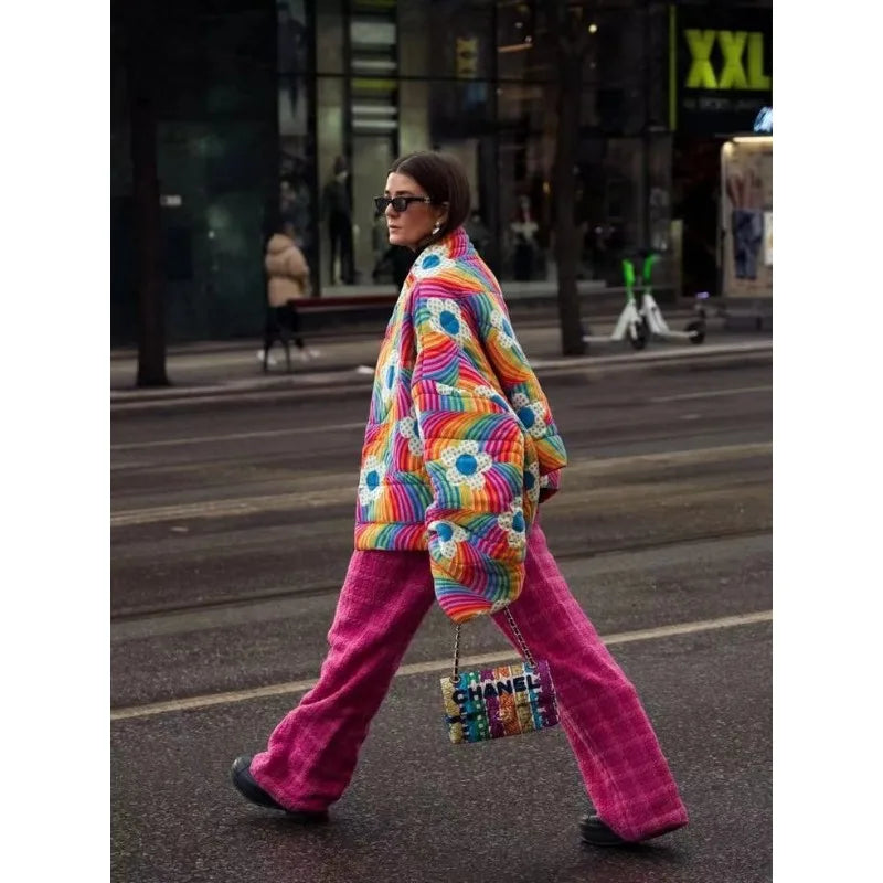 Rainbow Floral Print Winter Cotton Coat Women Chic Casual Cardigan Vintage Harajuku Autumn Puffer Jacket Quilted Streetwear New LadyShow.Store