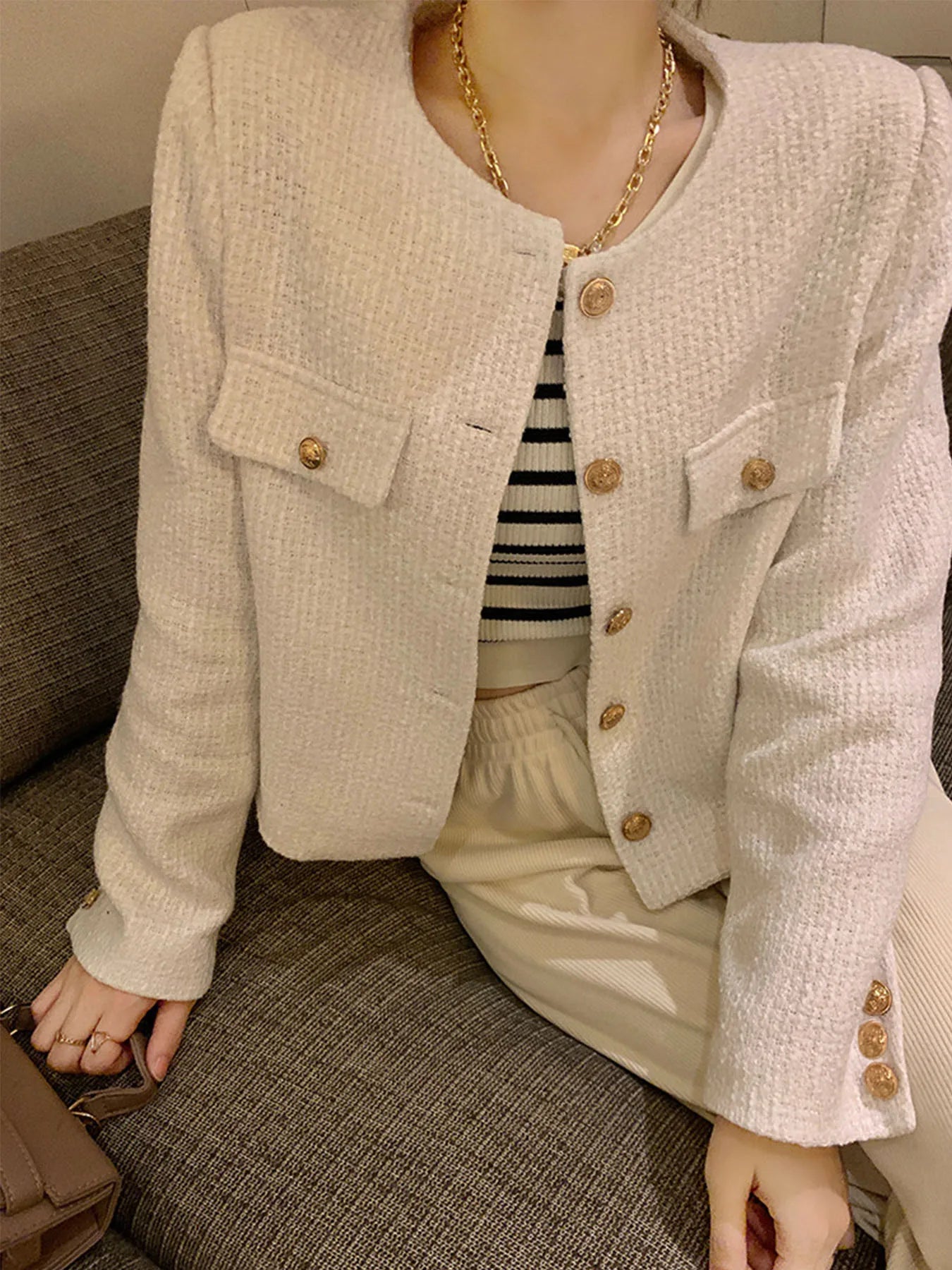 French Wool Tweed Coat Fashion High-end Gold Button Short Slim Temperament Spring and Autumn Korean Coats Women Jacket New LadyShow.Store