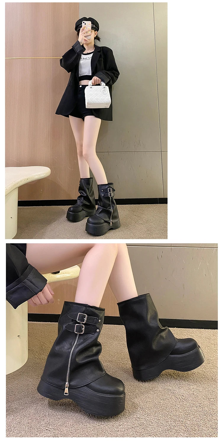 Soft Leather Ankle Mid Calf Boots Winter Autumn High Platform Wedge British Booties Woman New Ladies Chunky Motorcycle Boots 9CM Pi-Mart
