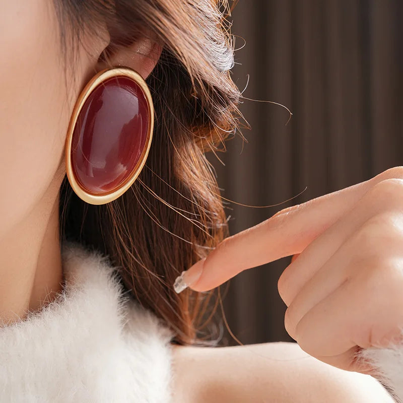 Anchor Red Geometric Oval Stud Earrings for Women Personality Versatile Resin Earrings Simple Fashion Jewelry Wholesale Gifts N1 Pi-Mart