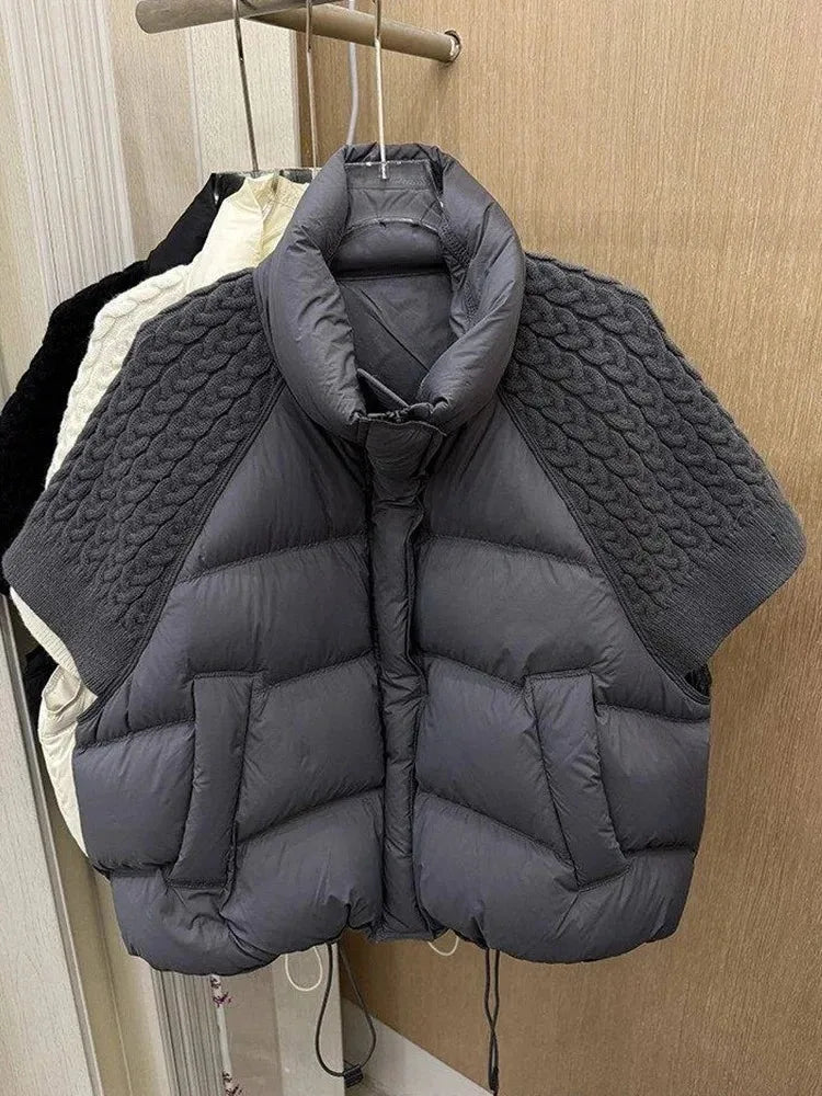 Short Puffer Jacket Sleeveless Duck Down Coat Warm Lightweight Patchwork Knitted Warm Drawstring Short Puffer Down Waistcoat LadyShow.Store