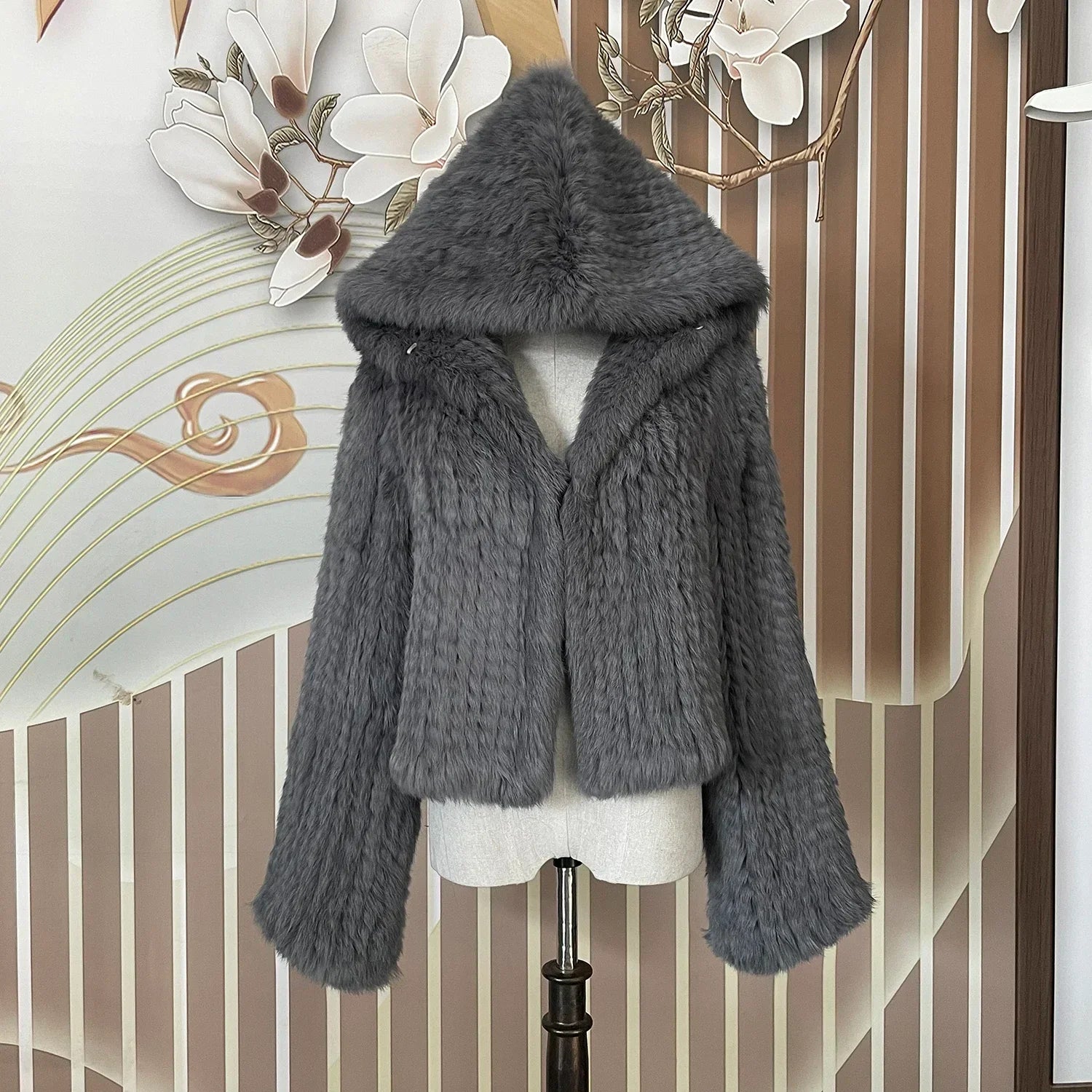 Real Rabbit Fur Hooded Coat Long Sleeve Women Casual Loose Knitted Genuine Fur Jacket With Hood Female Natural Fur Outwear LadyShow.Store