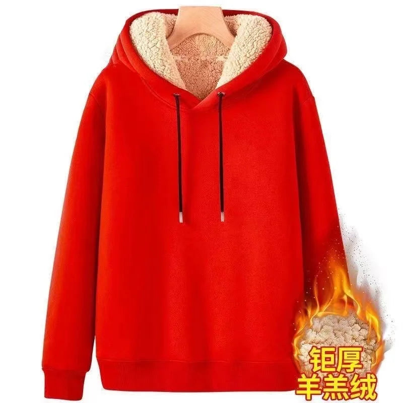 2024 Autumn and Winter New Hooded Lamb Fleece Hoodie Solid Color with Thick Fleece for Men and Women, Warm and Casual Versatile Pi-Mart