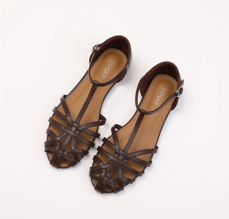 ZAROY Women's Sandals Summer Casual Footwear T-tied Cross Strap Flat Sandals Weave Hollow Roman Sandalia Zapatos сандали LadyShow.Store